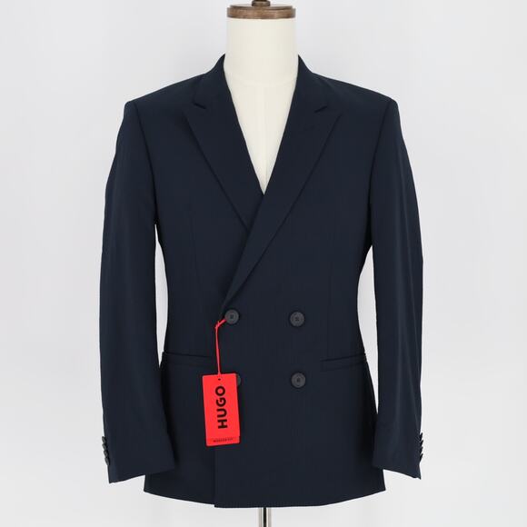 Hugo Boss Men's Navy Textured Superflex Double-Breast Slim Fit Jacket Size 34R